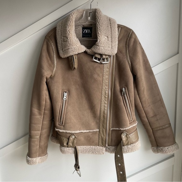 Zara trendy tan beige aviator faux suede Sherpa shearling moto jacket size S - Picture 9 of 15